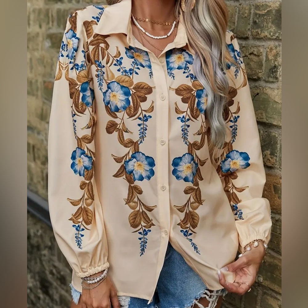 Beige Blue Floral Button-Down Blouse | Long Sleeve Collared Top (Polyester) - Picture 3 of 5